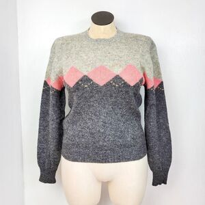 Vintage 80s Calvin Klein Grey Split Tone Argyle Wool Sweater